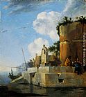 Waterside Canvas Paintings - A Waterside Ruin in Italy